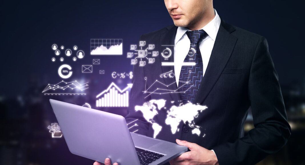 Um robô de inteligência artificial analisando dados financeiros complexos em um tablet, simbolizando a integração da tecnologia na rotina contábil.