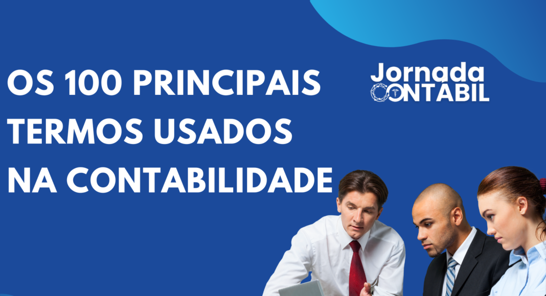 Uma pessoa estudando em uma mesa com livros de contabilidade e um notebook, cercada por caixas de texto com termos como 