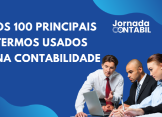 Os 100 principais termos utilizados na Contabilidade Uma pessoa estudando em uma mesa com livros de contabilidade e um notebook, cercada por caixas de texto com termos como "balanço patrimonial" e "DRE", ilustrando a aprendizagem de conceitos contábeis.