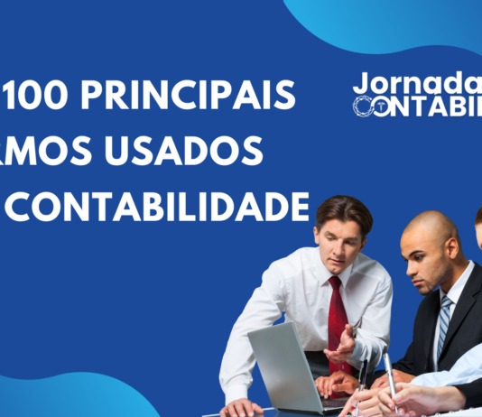 Os 100 principais termos utilizados na Contabilidade Uma pessoa estudando em uma mesa com livros de contabilidade e um notebook, cercada por caixas de texto com termos como "balanço patrimonial" e "DRE", ilustrando a aprendizagem de conceitos contábeis.
