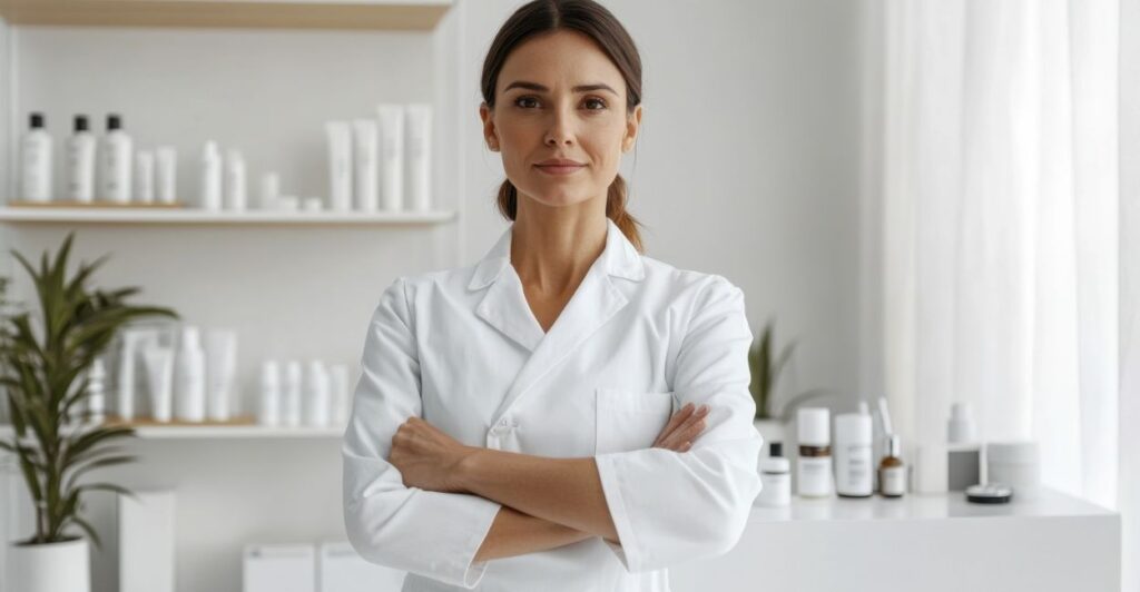 Profissional de estética com os braços cruzados e um ar de seriedade. Contabilidade para Clínicas de Estética