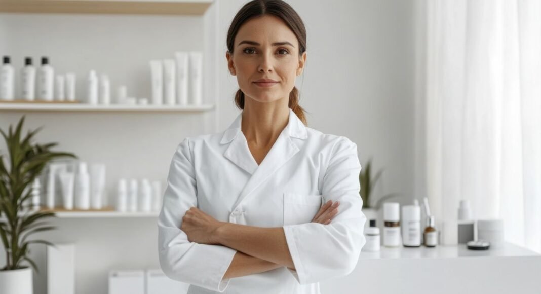 Um infográfico digital sobre contabilidade para clínicas de estética, mostrando gráficos de lucro e ícones relacionados à beleza e bem-estar.