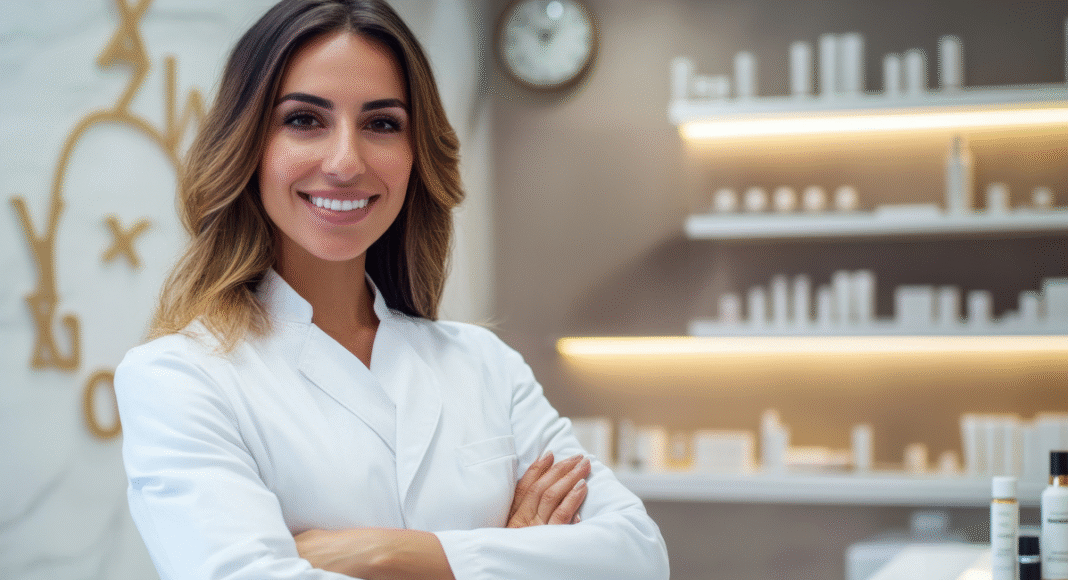 Uma profissional de clínica de estética sorrindo.