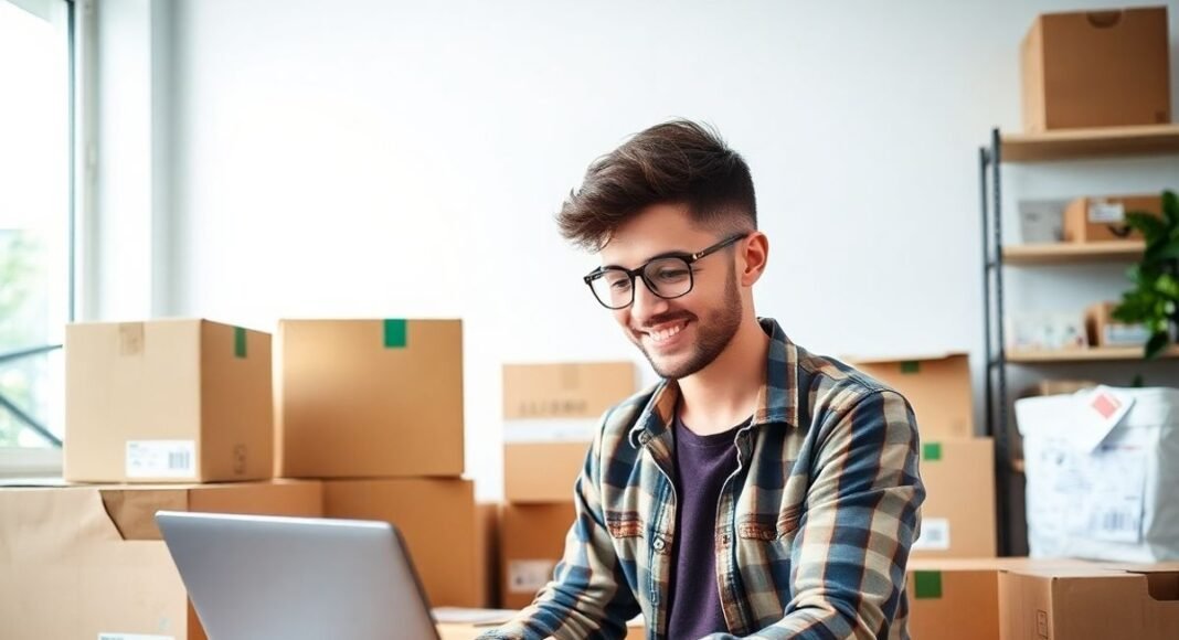 Jovem empreendedor trabalhando com caixas de envio.