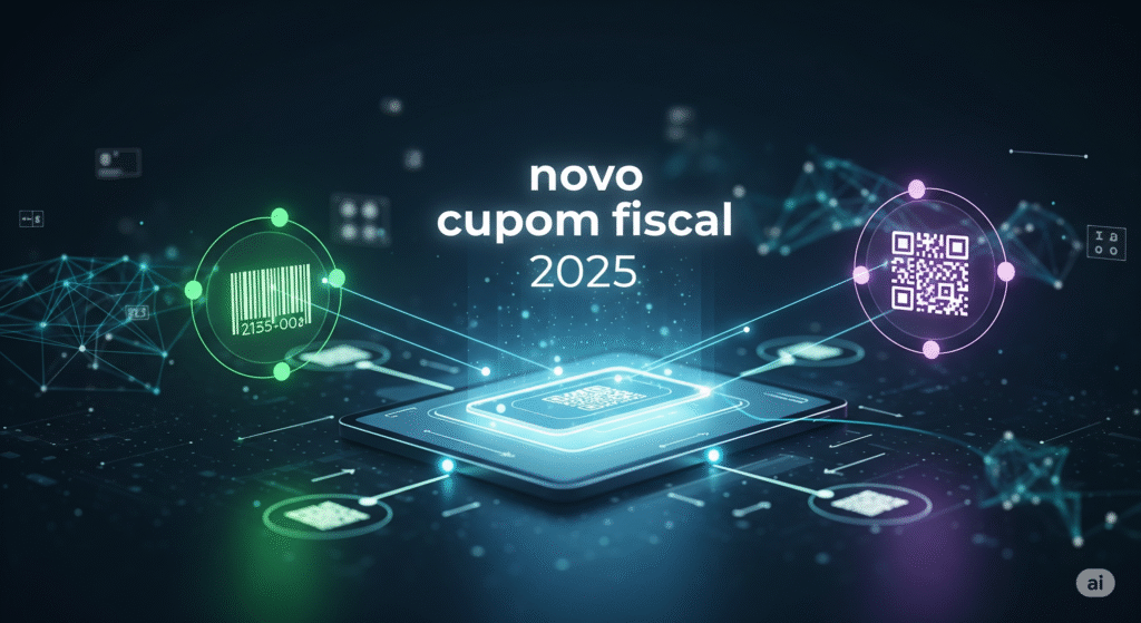 Representação visual das novas regras para a emissão de cupom fiscal 2025, com elementos de tecnologia e conformidade.