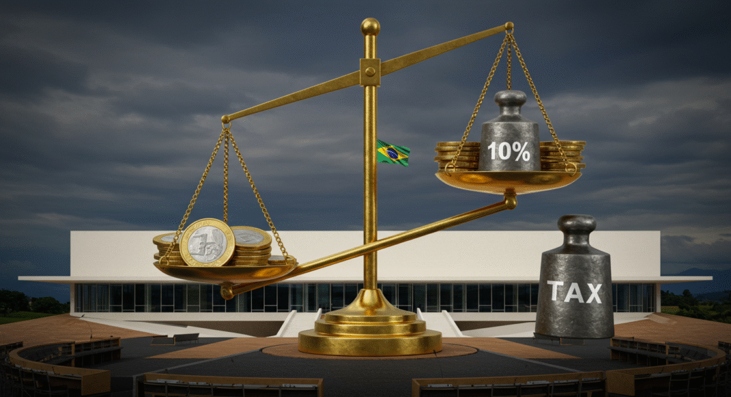 Uma balança digital mostrando o equilíbrio entre moedas e documentos fiscais, simbolizando a taxação mínima de 10% sobre renda alta avançando na Câmara.