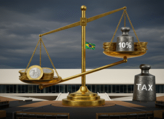 Renda Alta no Foco: Taxação Mínima de 10% Avança na Câmara e O Que Isso Significa Uma balança digital mostrando o equilíbrio entre moedas e documentos fiscais, simbolizando a taxação mínima de 10% sobre renda alta avançando na Câmara.