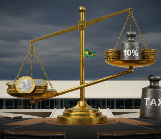 Renda Alta no Foco: Taxação Mínima de 10% Avança na Câmara e O Que Isso Significa Uma balança digital mostrando o equilíbrio entre moedas e documentos fiscais, simbolizando a taxação mínima de 10% sobre renda alta avançando na Câmara.