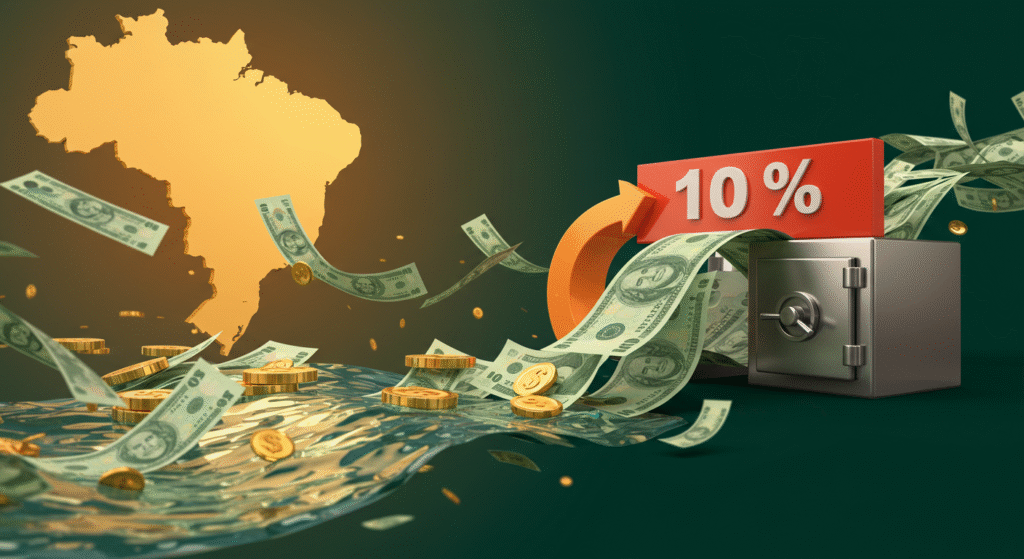 Um gráfico financeiro com uma seta para cima (renda alta) sendo interceptada por um símbolo de imposto, representando a taxação mínima de 10% sobre renda alta no Brasil.