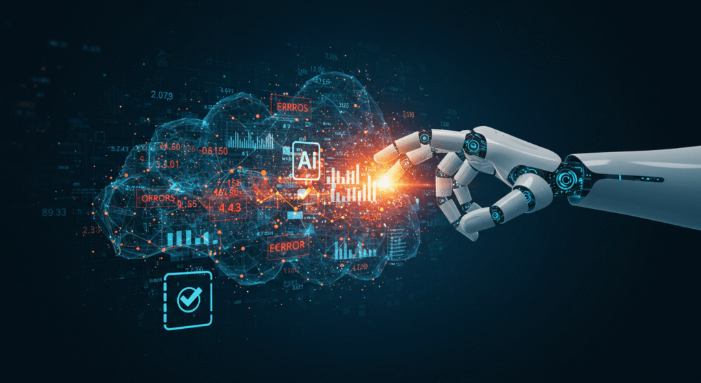 Uma rede de conexões digitais sobre documentos fiscais, representando a análise e prevenção de riscos por IA, mostrando como a inteligência artificial ajuda empresas a evitar erros