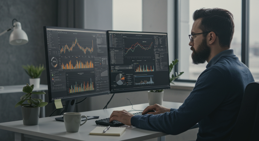 Profissional de dados trabalhando com dashboards e modelos preditivos em ambiente de tecnologia