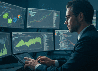 ECF na Prática: Desvendando os Blocos Críticos para Uma Declaração Sem Erros Um profissional de contabilidade analisando relatórios digitais complexos, com ícones de impostos e segurança, representando a ECF na Prática: Blocos Críticos e Preenchimento