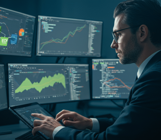 ECF na Prática: Desvendando os Blocos Críticos para Uma Declaração Sem Erros Um profissional de contabilidade analisando relatórios digitais complexos, com ícones de impostos e segurança, representando a ECF na Prática: Blocos Críticos e Preenchimento