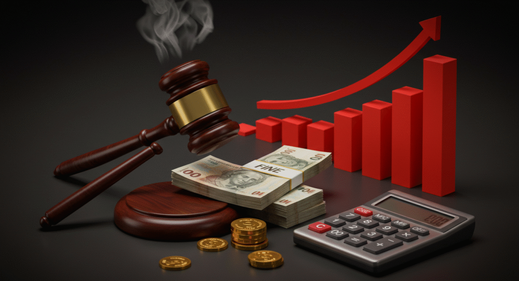 Um gráfico de barras com uma barra vermelha gigante simbolizando as multas, e pequenos símbolos de dinheiro, ilustrando como erros tributários comuns levam a multas de até 225% no Brasil.