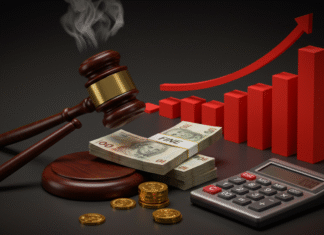 Cuidado! Erros Tributários Comuns Podem Custar Até 225% em Multas Um gráfico de barras com uma barra vermelha gigante simbolizando as multas, e pequenos símbolos de dinheiro, ilustrando como erros tributários comuns levam a multas de até 225% no Brasil.