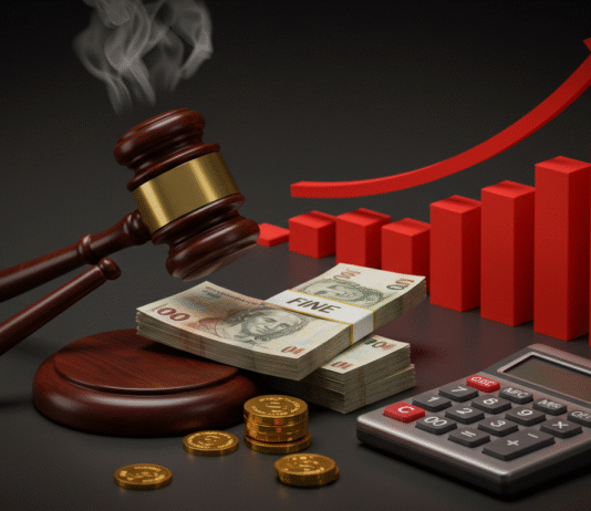 Cuidado! Erros Tributários Comuns Podem Custar Até 225% em Multas Um gráfico de barras com uma barra vermelha gigante simbolizando as multas, e pequenos símbolos de dinheiro, ilustrando como erros tributários comuns levam a multas de até 225% no Brasil.