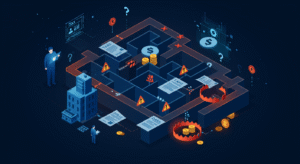 Uma calculadora com um cifrão e um sinal de alerta, destacando o perigo financeiro, representando como erros tributários comuns levam a multas de até 225% no Brasil.