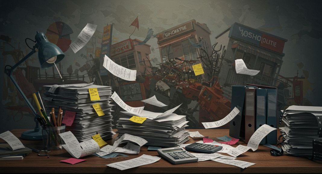 Uma pilha de documentos financeiros e gráficos em desordem, simbolizando a má gestão financeira que leva 90% das PMEs à crise no Brasil.