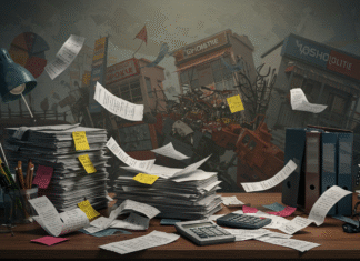 Alerta! 90% das PMEs em Crise: A Raiz do Problema é a Má Gestão Financeira Uma pilha de documentos financeiros e gráficos em desordem, simbolizando a má gestão financeira que leva 90% das PMEs à crise no Brasil.