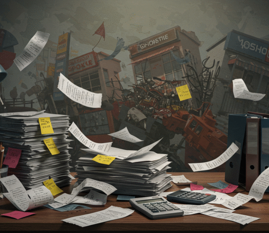 Alerta! 90% das PMEs em Crise: A Raiz do Problema é a Má Gestão Financeira Uma pilha de documentos financeiros e gráficos em desordem, simbolizando a má gestão financeira que leva 90% das PMEs à crise no Brasil.