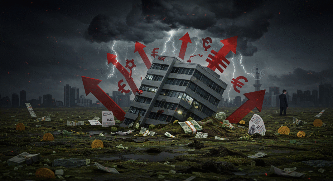 Um gráfico financeiro em declínio com prédios de empresas no fundo e setas de tributos apontando para baixo, simbolizando como a Falta de Planejamento Tributário Leva Empresas Médias à Falência no Brasil.