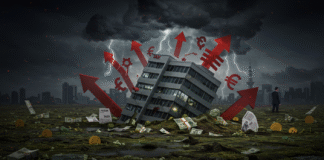 Um gráfico financeiro em declínio com prédios de empresas no fundo e setas de tributos apontando para baixo, simbolizando como a Falta de Planejamento Tributário Leva Empresas Médias à Falência no Brasil.