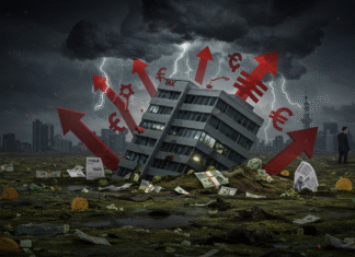 Alerta para Empresas: 4 Sinais de Que a Falta de Planejamento Tributário Causa Falências Um gráfico financeiro em declínio com prédios de empresas no fundo e setas de tributos apontando para baixo, simbolizando como a Falta de Planejamento Tributário Leva Empresas Médias à Falência no Brasil.