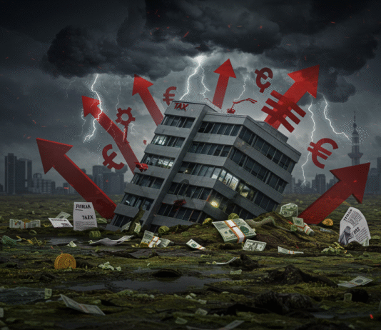 Alerta para Empresas: 4 Sinais de Que a Falta de Planejamento Tributário Causa Falências Um gráfico financeiro em declínio com prédios de empresas no fundo e setas de tributos apontando para baixo, simbolizando como a Falta de Planejamento Tributário Leva Empresas Médias à Falência no Brasil.