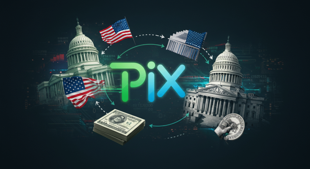 Representação visual do Pix na Mira dos Estados Unidos: Entenda a Suposta Prática Desleal, com os logotipos do Pix e da bandeira dos EUA, e setas de questionamento.