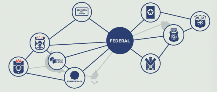 Representação gráfica do diálogo federativo com ícones de estados e municípios se conectando para a regulamentação reforma tributária.