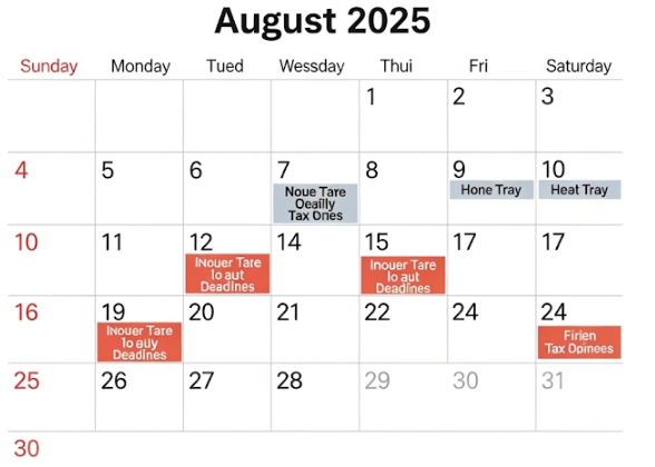 Calendário de agosto de 2025 com datas importantes da agenda tributária marcadas.