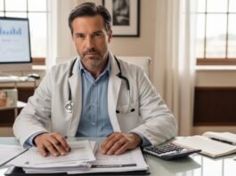 Médico analisando documentos financeiros e calculadora para entender. Quanto um médico paga de imposto no Brasil