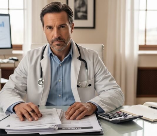 Quanto um médico paga de imposto no Brasil? Médico analisando documentos financeiros e calculadora para entender. Quanto um médico paga de imposto no Brasil