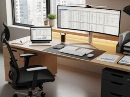 Escritório contábil moderno com computador, calculadora e documentos financeiros