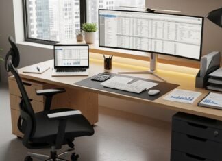 10 equipamentos que todo contador precisa ter no escritório Escritório contábil moderno com computador, calculadora e documentos financeiros