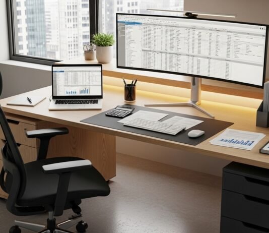 10 equipamentos que todo contador precisa ter no escritório Escritório contábil moderno com computador, calculadora e documentos financeiros