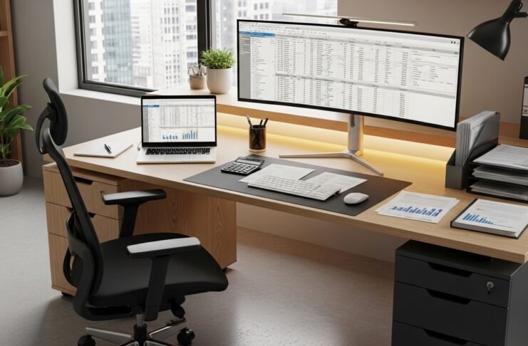 Escritório contábil moderno com computador, calculadora e documentos financeiros