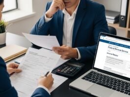 Empresário preocupado analisando documentos de imposto de renda no computador