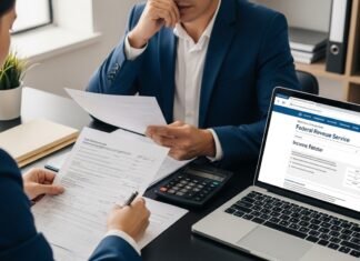 O que acontece se você nunca declarar imposto de renda? Empresário preocupado analisando documentos de imposto de renda no computador