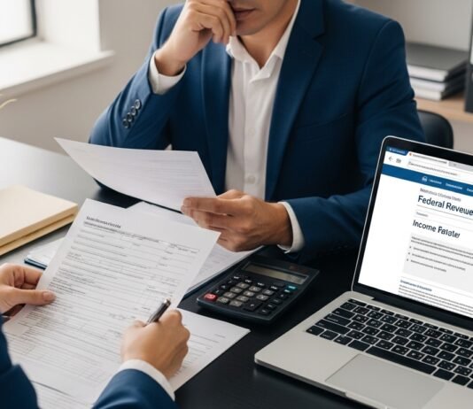 O que acontece se você nunca declarar imposto de renda? Empresário preocupado analisando documentos de imposto de renda no computador