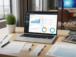 Notebook exibindo software contábil com gráficos financeiros e documentos fiscais