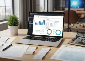 5 melhores softwares contábeis do Brasil Notebook exibindo software contábil com gráficos financeiros e documentos fiscais