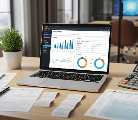 5 melhores softwares contábeis do Brasil Notebook exibindo software contábil com gráficos financeiros e documentos fiscais