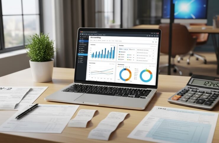 Notebook exibindo software contábil com gráficos financeiros e documentos fiscais