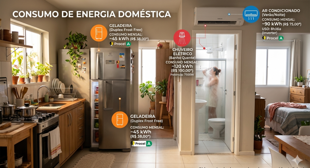 Energia-Imagem-1 Cena de cozinha e banheiro de casa brasileira com geladeira, chuveiro elétrico e ar condicionado destacados com ícones de consumo de energia, estilo realista, iluminação natural, infográfico moderno