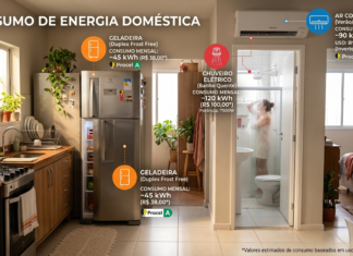 Quais aparelhos gastam mais energia elétrica? Veja o ranking e como economizar na conta de luz Cena de cozinha e banheiro de casa brasileira com geladeira, chuveiro elétrico e ar condicionado destacados com ícones de consumo de energia, estilo realista, iluminação natural, infográfico moderno