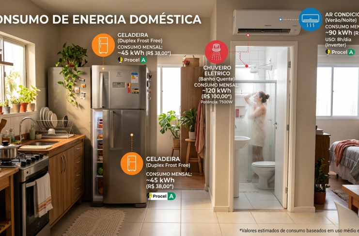 Cena de cozinha e banheiro de casa brasileira com geladeira, chuveiro elétrico e ar condicionado destacados com ícones de consumo de energia, estilo realista, iluminação natural, infográfico moderno