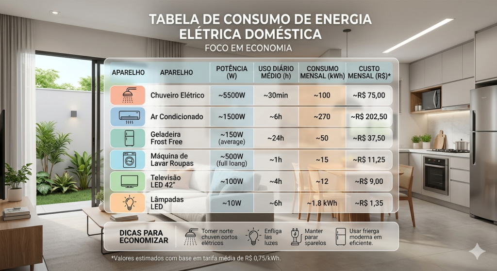 Tabela visual de consumo de energia elétrica com kWh e custo mensal, cenário doméstico ao fundo, estilo clean, design moderno, foco em economia de energia