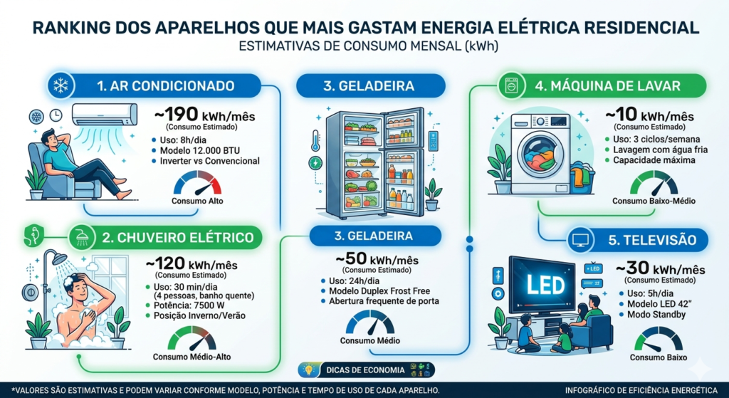 quais aparelhos gastam mais energia elétrica